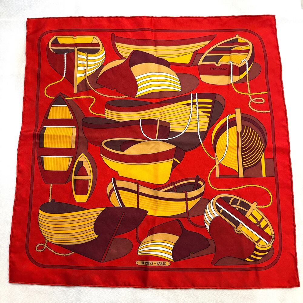 Hermes Paris Red "Thalassa" 100% Silk Vintage Rolled Edge Pocket Square  c1973